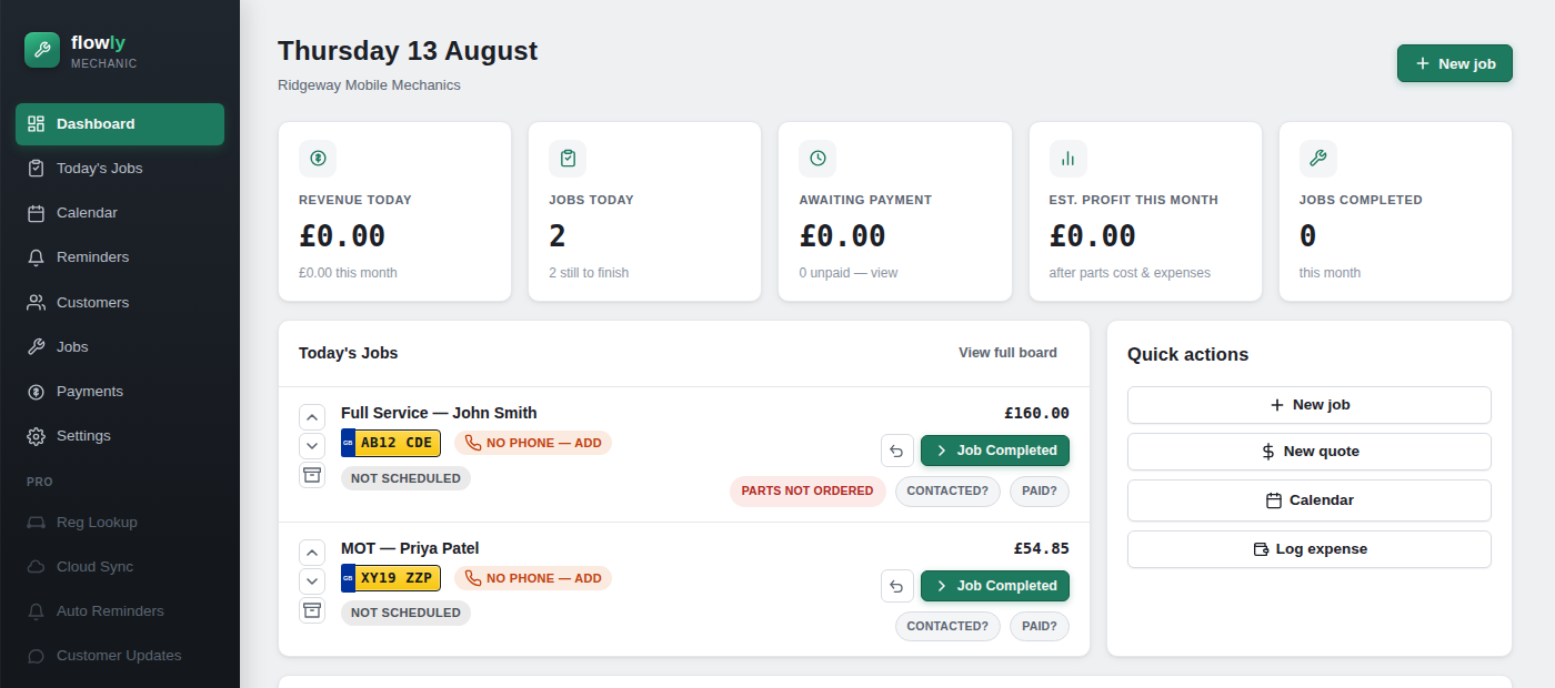 Flowly Mechanic dashboard