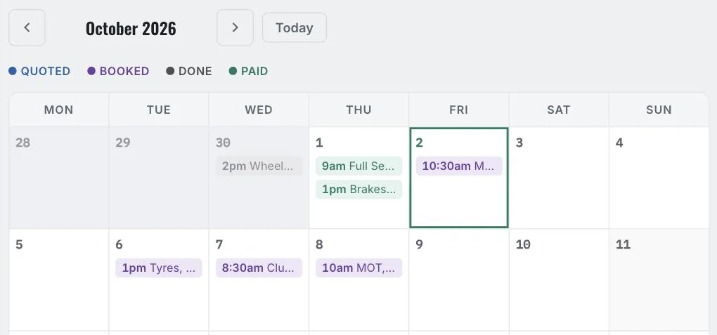 The Flowly Pro month view for October 2026, with jobs showing their booking times, including a 10am MOT on Thursday 8th