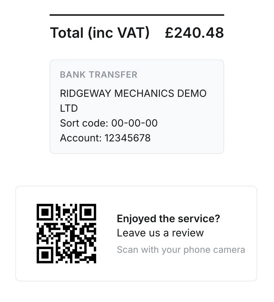 The bottom of invoice #1002: total £240.48, a bank transfer box (RIDGEWAY MECHANICS DEMO LTD, sort code 00-00-00, account 12345678) and a QR code to leave a review