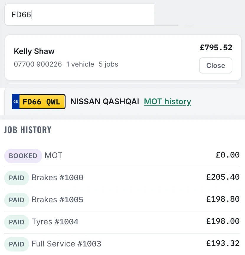 Searching FD66 in Flowly Pro customers finds Kelly Shaw and her Nissan Qashqai, with her job history: an MOT booked in, then four paid jobs, two brake jobs, tyres and a full service, invoices #1000 to #1005