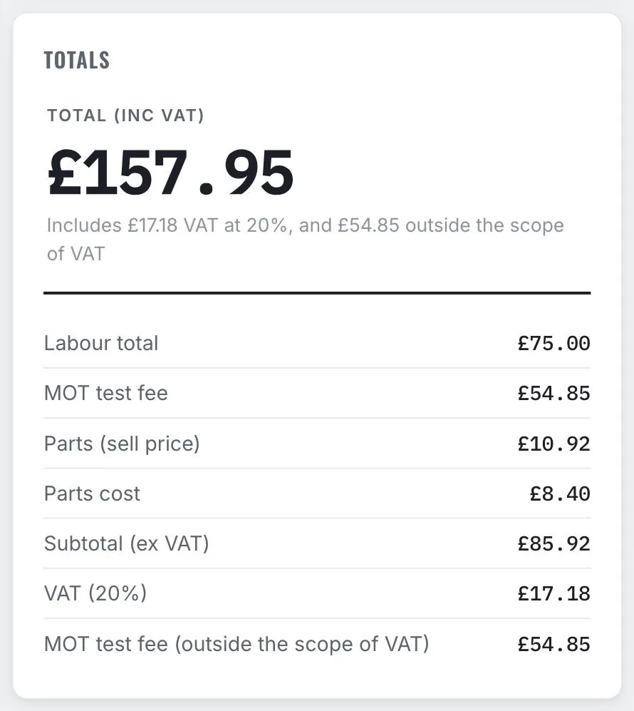 Job totals in Flowly Pro: VAT at 20% on the labour and parts, with the £54.85 MOT test fee outside the scope of VAT